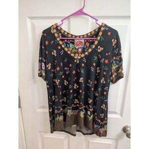 Johnny Was Black Floral Short Sleeve Tee with Multicolor Embroidery